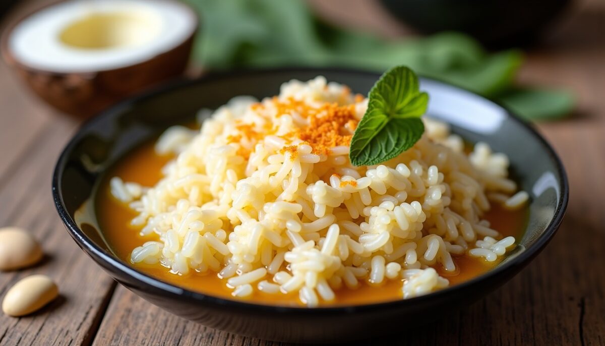 Délicieuse recette thaïlandaise de riz gluant à la mangue nappée de lait de coco Délicieuse recette thaïlandaise de riz gluant à la mangue nappée de lait de coco